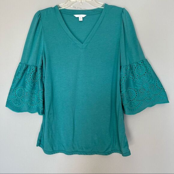 Time & Tru Bell Eyelet Crocheted Sleeve Kelly Green Boho Cottagecore Blouse SZ S - Picture 1 of 9